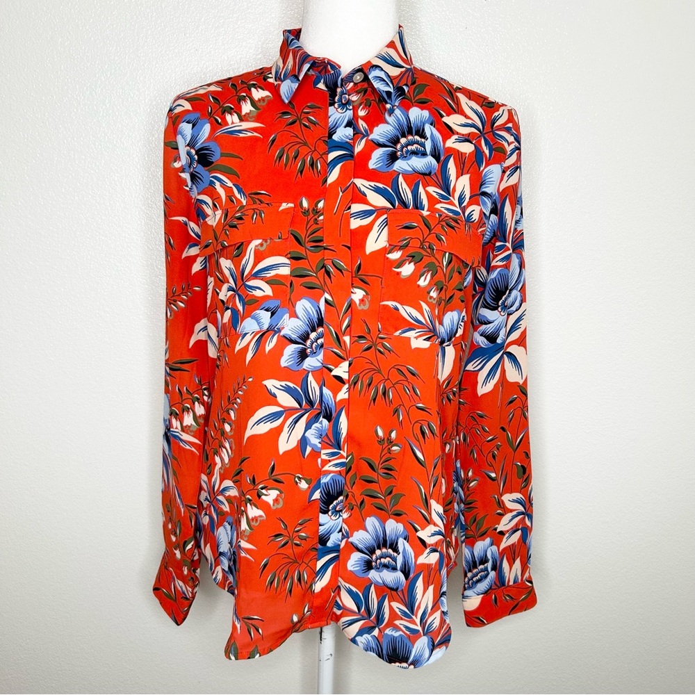 LOFT Womens Red Orange Floral Long Sleeve Button-Up Top Blouse Size S EUC
